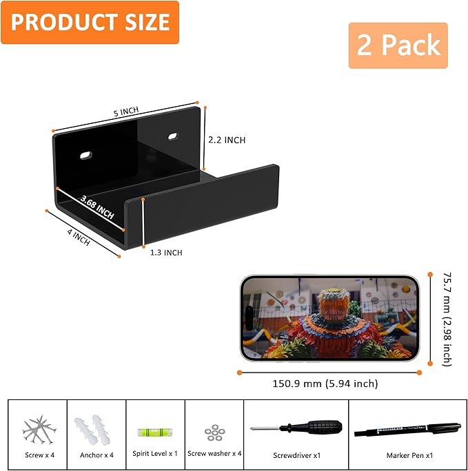 5 Inches Black Acrylic Wall Shelves for Home Décor, Pack of 2, Acrylic Shelf for Wall, Wall Mounting Display Shelf