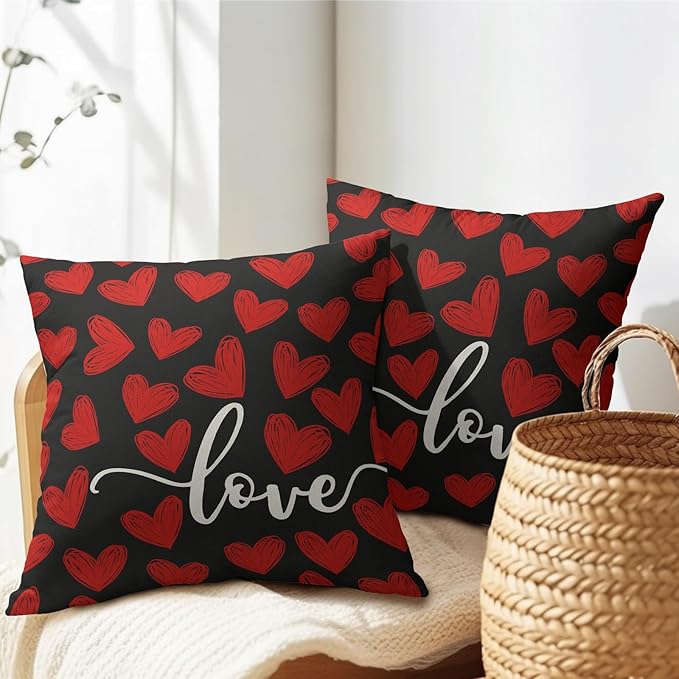 Valentines Day Pillow Covers 24x24 Set of 2 Black Heart Throw Pillow Covers Love Pillowcase Linen Decoration Farmhouse Holiday Cozy Soft Cushion Case Couch for Indoor Outdoor Home Decor