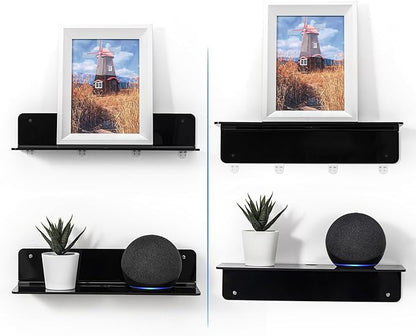 OAPRIRE Black Acrylic Floating Shelves Set of 2 - Damage Free Expand Wall Space - 12 Inch Wall Shelves with Strong Adhesive for Bathroom, Bedroom, etc