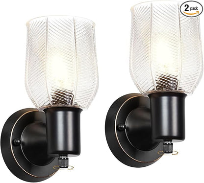 Wall Sconces Set of 2 - Matte Black Vanity Lights for Bathroom Modern Wall Light Fixtures with Rotary Switch - Wall Mount Light with Stripe Glass,Farmhouse Wall Lamp for Bedroom Mirror Living Room
