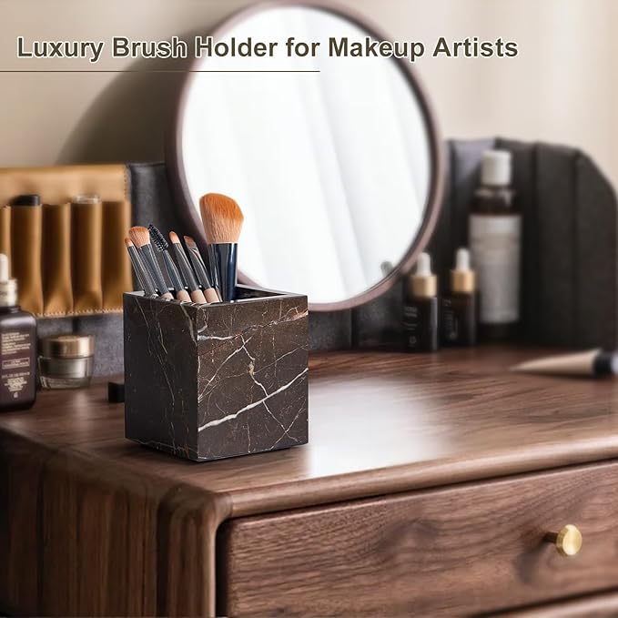 Real Natural Travertine Marble Toothbrush Holder & Pen Holder & Makeup Brush Holder & Utensil Holder, Genuine Stone Rectangular Bathroom Tumbler Cup, Durable Office & Home Countertop Organizer