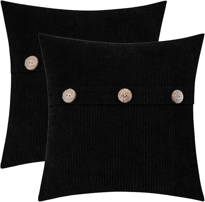 HWY 50 Black Chenille Throw Pillow Covers 18x18 Inch with Triple Buttons, Soft Farmhouse Accent Decorative Cushion Cases for Couch Sofa Bed Living Room Bedroom Pack of 2