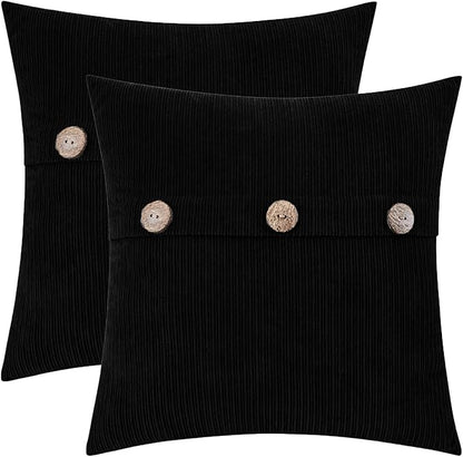 HWY 50 Black Chenille Throw Pillow Covers 18x18 Inch with Triple Buttons, Soft Farmhouse Accent Decorative Cushion Cases for Couch Sofa Bed Living Room Bedroom Pack of 2