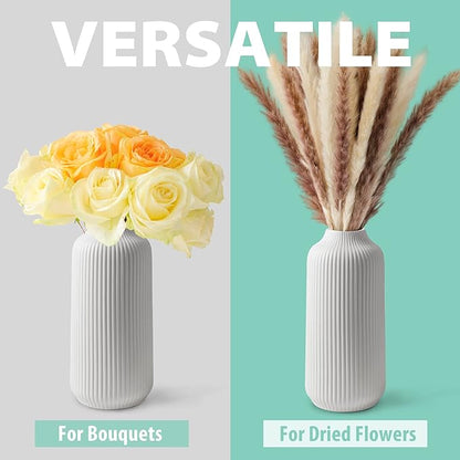 Ceramic Vase in Nordic Style, Decovase for Pampas Grass as Boho Deco, Vase White Matt 8 inch for Flowers, Scandinavian Design Home Decoration for Fresh Flowers, Dried Flowers (Size M)