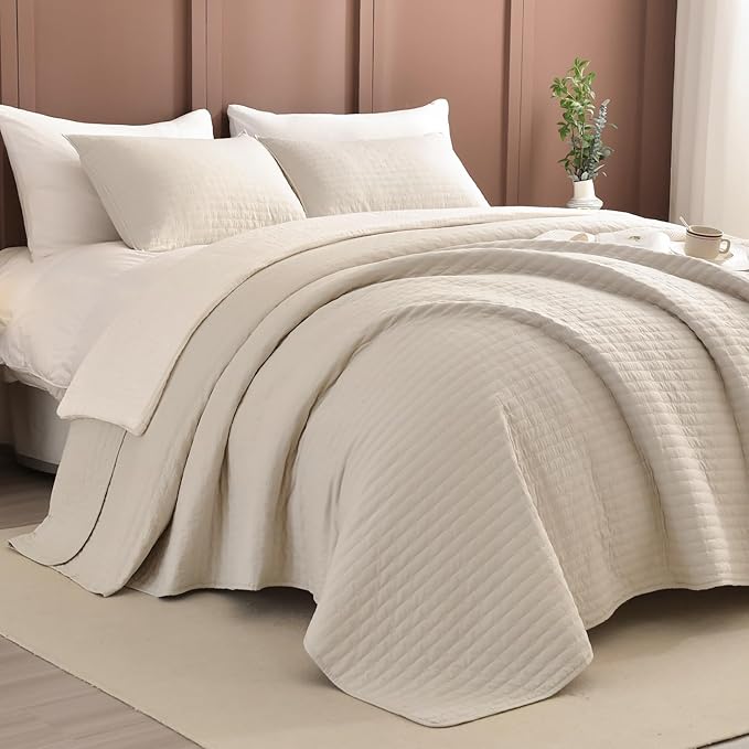Sanracie Oversized Queen Bedspread Set 102"*118", 100% Cotton Wheat Colored Extra Large Wide Queen Quilt Bed Set Soft and Cozy Cloud Lightweight Quilts for All Season