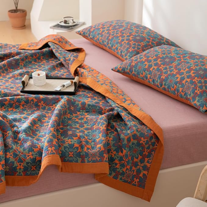 100% Cotton Muslin Blanket Jacquard Bohomian Mandala Floral Print Quilt, Soft Bed Cover Reversible Bedspread Coverlet Breathable Lightweight Bedding Full/Queen(78"x94"), No Pillow Sham