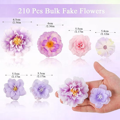210 Pcs Mini Silk Flower Heads Small Fake Rose Daisy Faux Flowers Bulk for Crafts Artificial Loose Fabric Flowers Heads Sunflower Bulk for Wedding Hair Cap Dresses Decorations (Purple)
