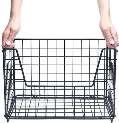 TIEYIPIN 2 Tier Metal Wire Storage Basket, Stackable Fruit Vegetable Food Baskets Cabinet Organizer Pantry Bin for Home Bathroom Kitchen Office Organization - Black