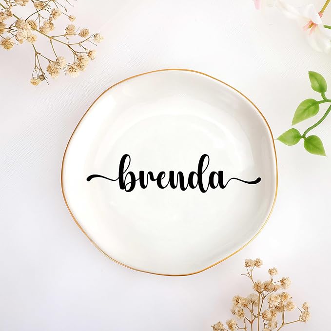 JoycuFF Brenda Personalized Name Ceramic Jewelry Tray, Mothers Day Christmas Anniversary Engagement Birthday Gifts for Women Couples, Trinket Dish for Rings Earrings Necklaces Bracelets Keys