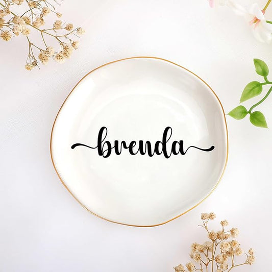 JoycuFF Brenda Personalized Name Ceramic Jewelry Tray, Mothers Day Christmas Anniversary Engagement Birthday Gifts for Women Couples, Trinket Dish for Rings Earrings Necklaces Bracelets Keys