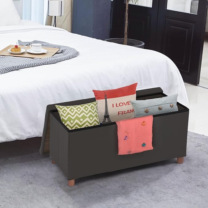 Ottoman Storage Bench for Living Room with Tray, Bedroom Foot Stool, Coffee Table Lid, End of Bed Faxu Leather 30" Inch (L-Grey)