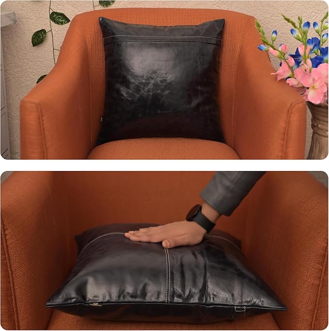 LL LEATHER LOVERS Lambskin Leather Pillow Cover - Sofa Cushion Case - Decorative Throw Covers for Living Room & Bedroom, 14x14 Inches - Ink Blue Plain Pack of 2