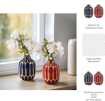 Elegant Ceramic Vase for Living Room Decor and Home Decor Accent - Modern Decorative Flower Vase for Room, Bedroom, or Office Desk - Designed for House and Table Decor - Set of 2, 5", Blue & Red