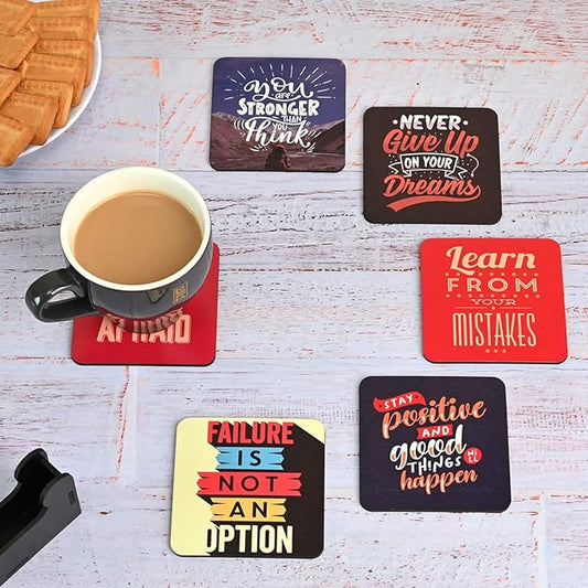 GKD Wooden Coasters for Drinks, Motivational MDF Wooden Coasters Set of 6 with Holder, 3.8 inches Eco-Friendly Absorbent Coaster for Coffee Table, Office, Bar, Drinking Glasses, Tabletop Protection