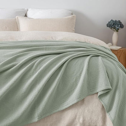 PHF 100% Cotton Muslin Blanket Queen Size 90"x90", 4-Layer Lightweight Gauze Throw, Breathable Cloud-Soft Minimalist Blanket for Bed, Couch, Camping & Baby, Sage Green, Ideal Gift