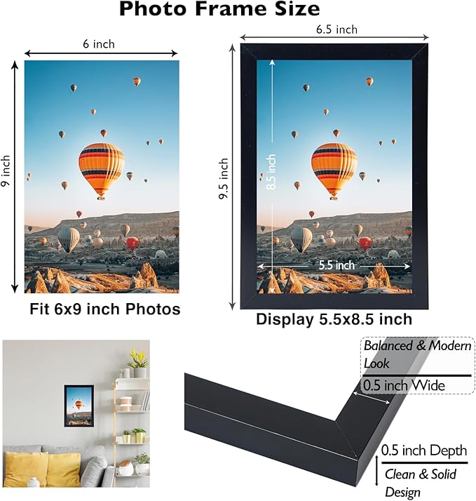6x9 Picture Frame Set of 2 Black for Wall Hanging or Tabletop- Wall Mounting Horizontally or Vertically, 6 x 9 Wall Gallery Poster Photo Frame for 6 by 9 Photo,2 Pack, Black