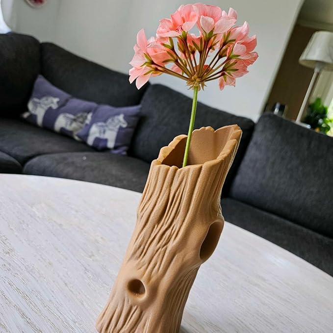 3D Printed Tree Trunk Vase, Realistic Bark Texture Sculptural Vase, Asymmetric Planter for Dried Flowers, Natural Wood Look Home Decor (2.87"x 2.76" x 7.87")