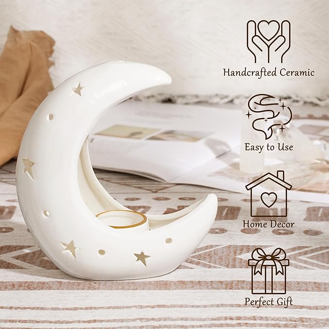 ZenBless Moon Versatile Ceramic Backflow Incense Holder and Burner Waterfall,for Burning Sage, Palo Santo, Backflow Cone and Candle,Aromatherapy Ornament Home Room Decor,The Ideal Present (White)