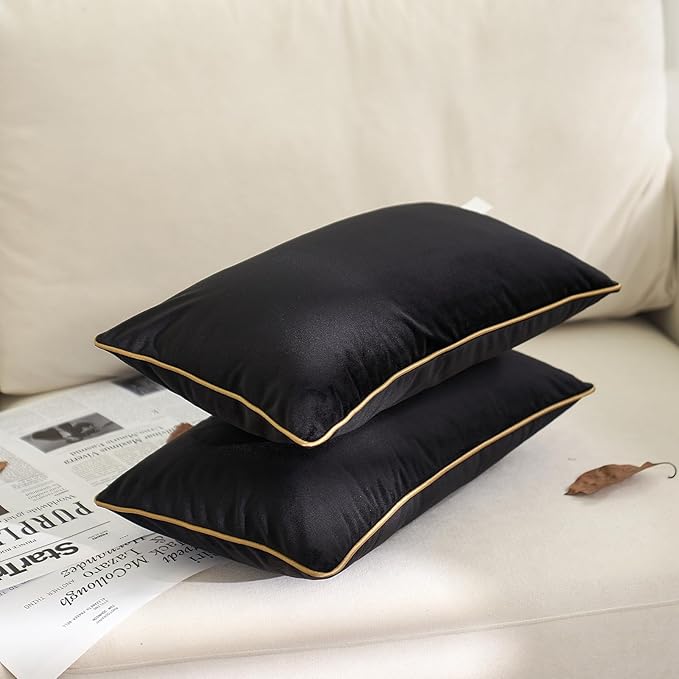 Aeckself Pack of 2 Pure Black Velvet Lumbar Pillow Covers, Modern Luxury Decorative Pillowcase with Gold Trim Edge, Comfortable Soft Solid Cushion Case for Couch Bedroom Living Room 12 x 20 Inch