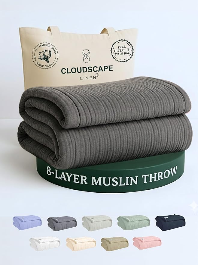 Cloud Scape Linen Extra Large 8 Layer Muslin Throw Blanket - 100% Cotton Gauze, Soft and Breathable, Winter Blanket for Couch, Sofa and Bed, Idea, 50x70, Dark Grey