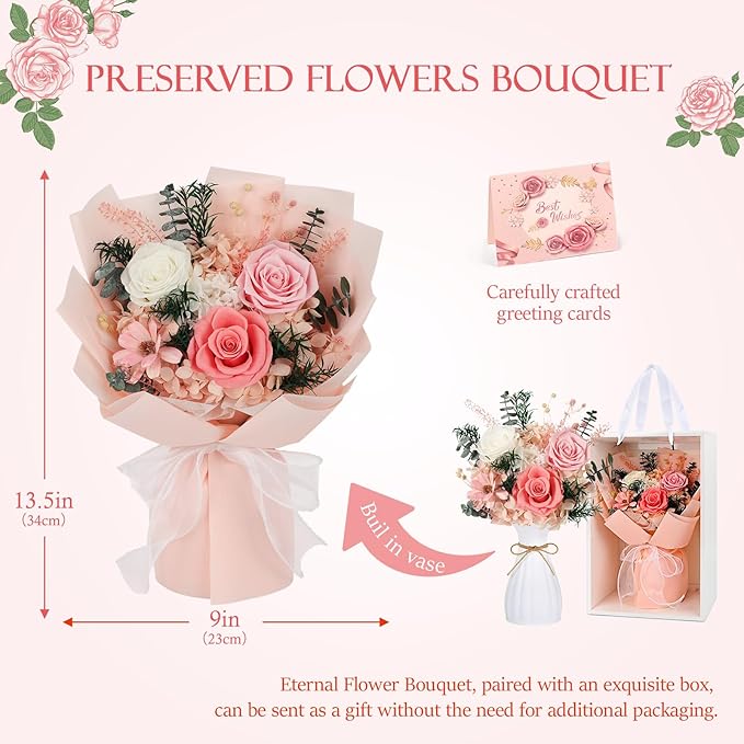 Flowers for Delivery Preserved Flowers with Vase That Last 3-5 Years Real Forever Flowers Pink Rose Bouquet for Mom Birthday Thanksgiving Christmas Gift for Women Grandma Wife Friends Her