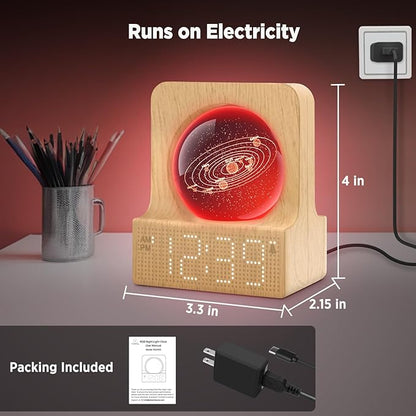 DreamSky Space Alarm Clock for Kids Teens, Small Digital Clock with RGB Night Light for Bedroom, Colorful Crystal Ball Decor for Living Room Office, Dimmer, Gifts for Boys Girls Women (Wood Grain)