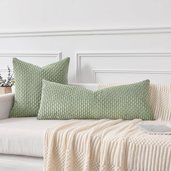 Kevin Textile Spring 20x54 Inch Long Body Lumbar 1 Pack Boho Decorative Throw Pillow Cover Soft Striped Corduroy Rectangle Cushion Case Farmhouse Accent for Living Room Couch Sofa Bed, Sage Green