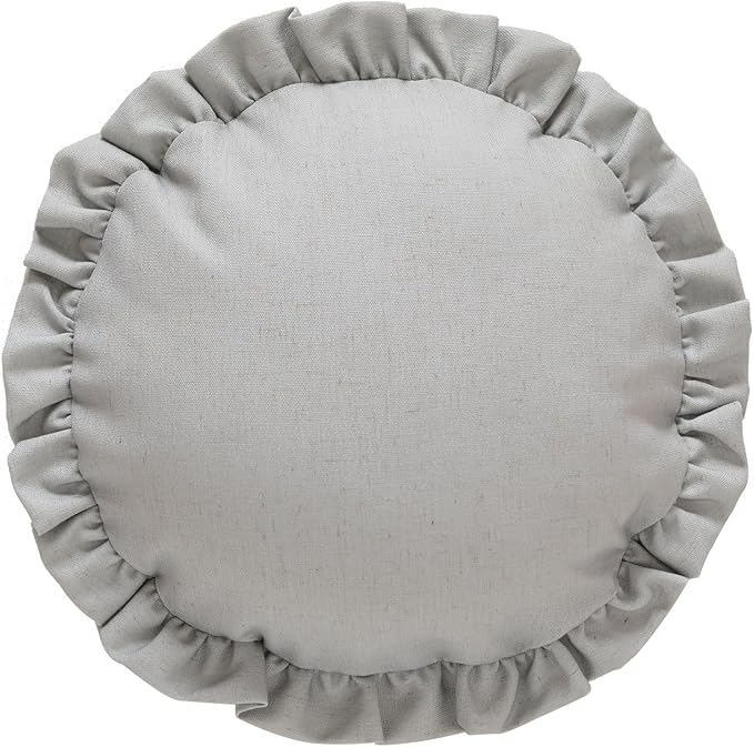 ISAENNE Classic Silver Round Throw Pillow Cover Diameter 16", Solid Color Farmhouse Linen Cotton Decoration Pillow Cover with Ruffles, Sturdy Throw Pillow Case for Couch Sofa Bed Living Room