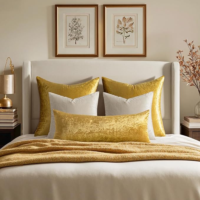 MIULEE 24x24 Inch Euro Sham Velvet Pillow Covers, Set of 2 Large Square Decorative Pillows -Golden Super Soft for King Bed, Sofa, Couch, Accent Chairs with Hidden Zipper