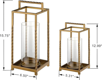 Set 2 Modern Metal Lantern with Twisted Rope-style Frame In Antique Brass with Glass Hurricane For Pillar, String Light. Centerpiece, Mantel, Ambient Lighting, Farmhouse, Transitional, Patio, Entryway