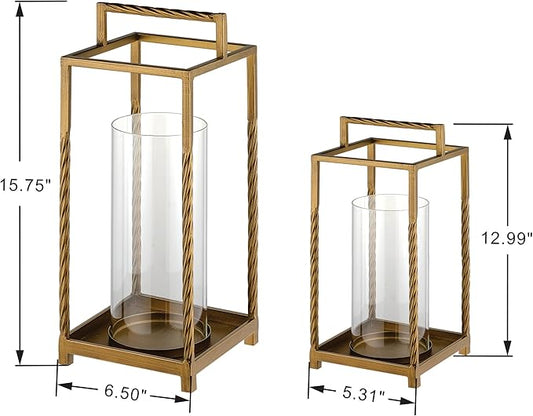 Set 2 Modern Metal Lantern with Twisted Rope-style Frame In Antique Brass with Glass Hurricane For Pillar, String Light. Centerpiece, Mantel, Ambient Lighting, Farmhouse, Transitional, Patio, Entryway