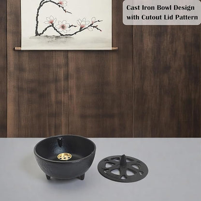 Small Cast Iron Incense Burner Holder, Home Decor, Bowl Design with Decorative Lid, Black Incense for Sticks, Resin, Cone Incense or Wax Melts