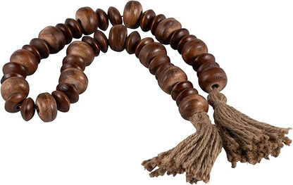 Sagebrook Home Rustic Wood Bead Garland with Jute Tassels - Decorative Farmhouse Beads for Coffee Table, Shelf, or Mantel - Natural Boho Accent for Home Décor - 1.25" Natural/Brown