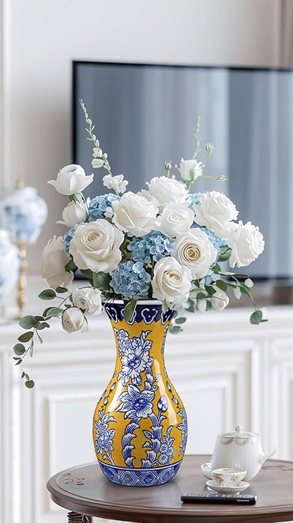 Blue and Yellow Ceramic Vase, 11" Tall Chinoiserie Vase in Wide Mouth, Royal-Inspired Vintage Flower Vases Decorative Vases for Home Decor, Table Centerpiece, Living Room, Dining Room, Entryways Decor
