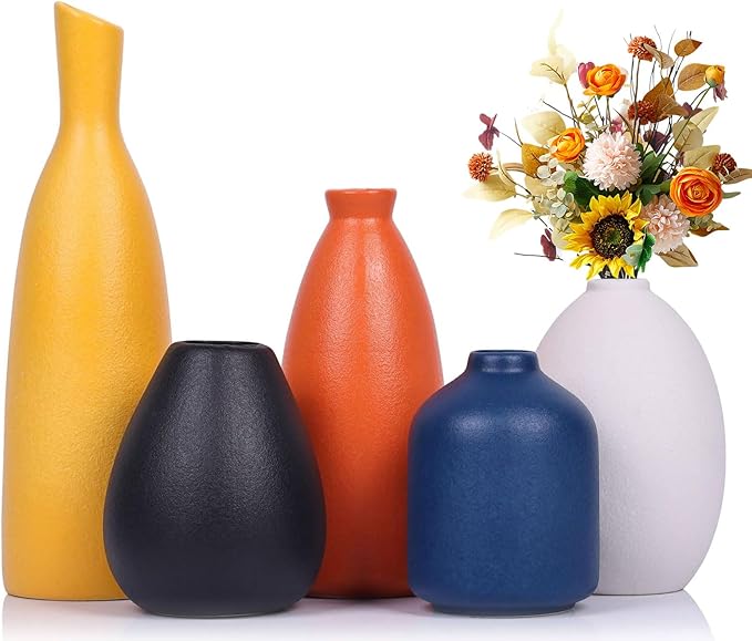 Colorful Ceramic Bud Vases Set of 5 - Multicolor Yellow, Orange, Blue Small Vases for Home Decor - Ideal for Living Room, Kitchen, Office, Bathroom, Mantle, Entrance, Farmhouse & Coffee Table Decor