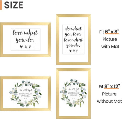 upsimples 8x12 Picture Frame Set of 5, Display Pictures 6x8 with Mat or 8 x 12 Without, Wall Gallery Photo Frames, Gold