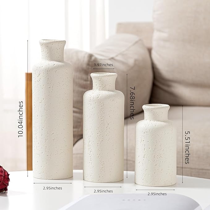 Flower Vase Set, Stone Look, 3 PCS Small Decorative Bud Vases for Pampas Grass, Farmhouse Decor, Kitchen, Living Room, Bathroom, Bedroom, Office, Shelf Centerpiece Table Decoration (White)