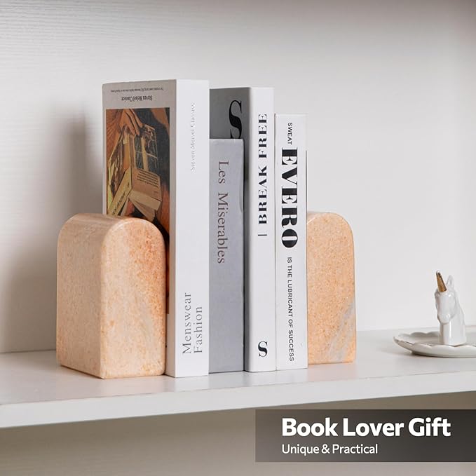 Luxury Marble Bookends for Shelves, 13LB Heavy Duty Marble Book Ends for Heavy Books, Stone Bookends Decorative, Polished, Orange Arch, Set of 2