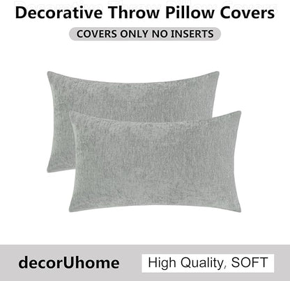 decorUhome Chenille Grey Spring Throw Pillow Covers 12x20 Inch Set of 2, Decorative Soft Couch Pillow Covers Solid Dyed Accent Farmhouse Neutral Rectangle Pillow Cases for Sofa