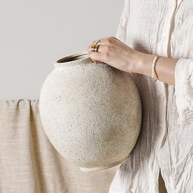 Large White Ceramic Vase - 9.8 Inch Rustic Farmhouse Vase for Home Decor, Minimalist Tall Vases for Living Room, Table, Bathroom, Holiday & Weddings (Sandstone Yellow)