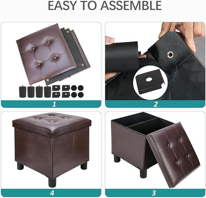 18 Inches Cube Storage Ottoman, Faux Leather Collapsible Square Folding Ottoman Furniture with Storage for Living Room Bedroom, Foot Rest Foot Stool with Legs, Brown 18x18x18 Inches