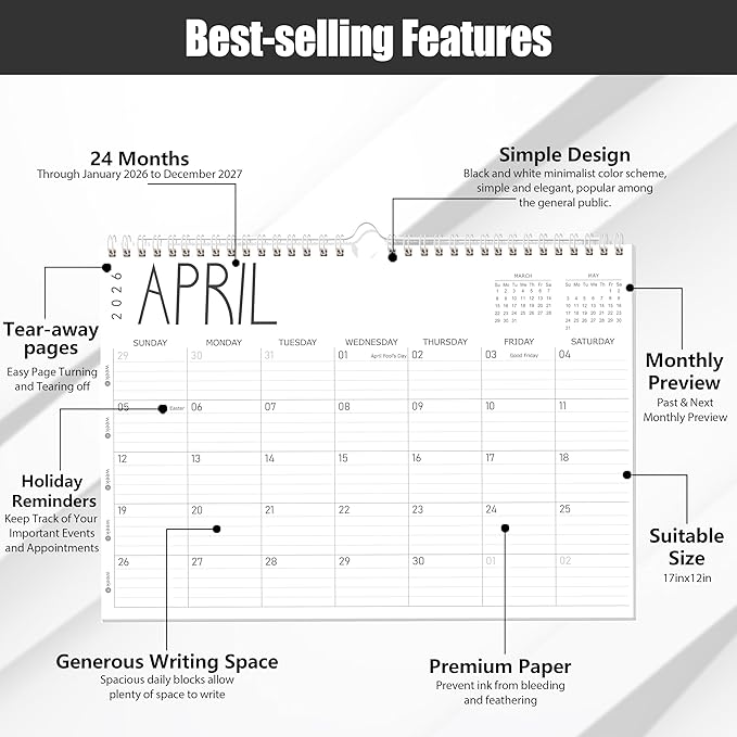 GuassLee Wall Calendar 2026, 24-Month Desk/Wall Calendar from Jan. 2026 to Dec. 2027,17" X 12" Desktop Hanging Monthly Planner with Thick Paper Spiral Bound for Easy Organizing