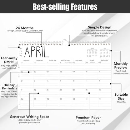 GuassLee Wall Calendar 2026, 24-Month Desk/Wall Calendar from Jan. 2026 to Dec. 2027,17" X 12" Desktop Hanging Monthly Planner with Thick Paper Spiral Bound for Easy Organizing