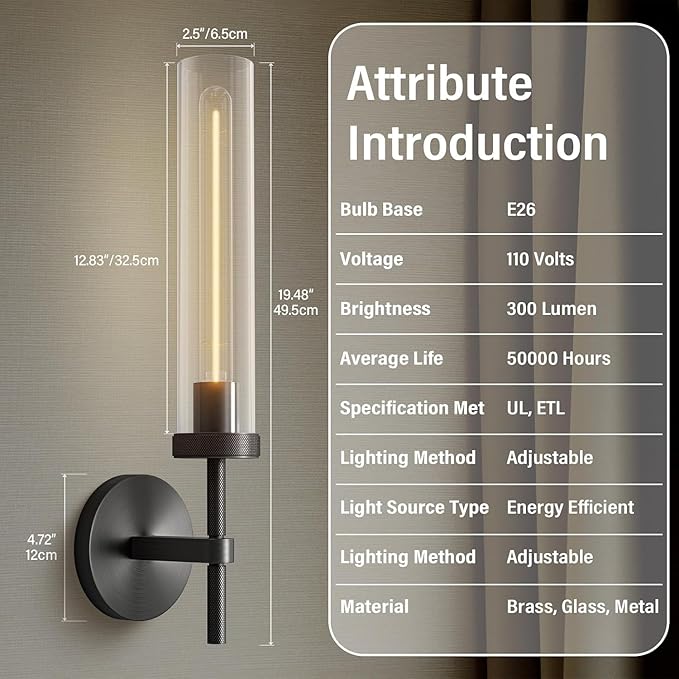Black Wall Sconces Set of Two, Brass 19.48'' Knurled Texture Wall Light Fixtures, Bathroom Vanity Light Fixtures with Clear Glass, Modern Wall Lamp for Bathroom Living Room Hallway (Bulb Included)