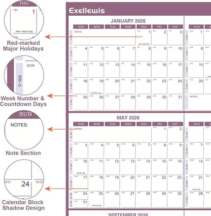 2026 Wall Calendar 24" x 36", 12 Months from January to December, Dry Erase Large Annual Yearly Planner, Horizontal/Vertical Calendar for Easy Planning, Organizing (rosy mauve)