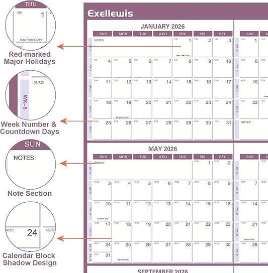 2026 Wall Calendar 24" x 36", 12 Months from January to December, Dry Erase Large Annual Yearly Planner, Horizontal/Vertical Calendar for Easy Planning, Organizing (rosy mauve)