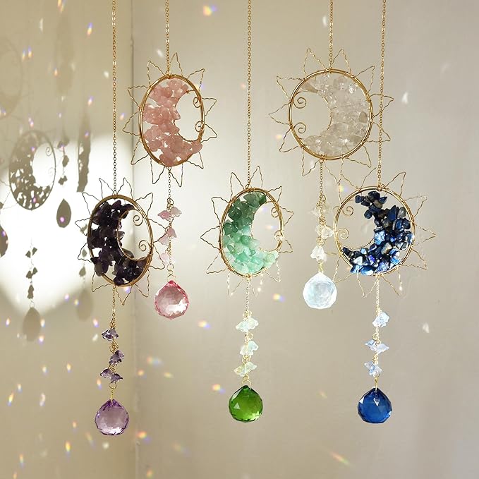Hanging Sunlight Catcher, Sun & Moon Crystal Suncatcher, Crystal Hanging Ornament, Hanging Crystals for Decoration, Festival Gift, Window Decoration (Blue)