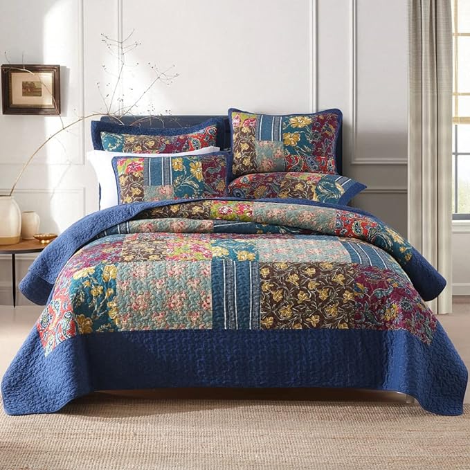 Cotton Bedspread Quilt Sets Reversible Bedding Coverlet Sets 3 Pieces Patchwork Blue Vintage Floral Paisley Bedspread, Queen Size