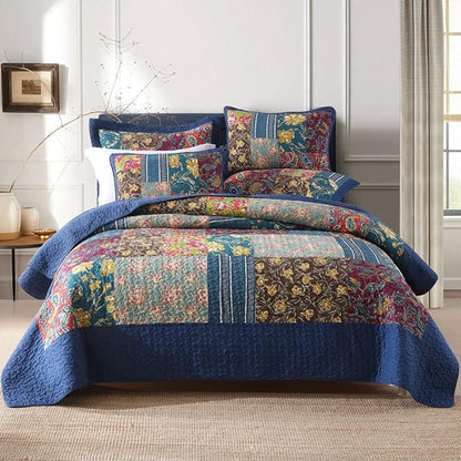 Cotton Bedspread Quilt Sets Reversible Bedding Coverlet Sets 3 Pieces Patchwork Blue Vintage Floral Paisley Bedspread, Queen Size