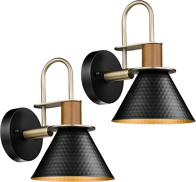 Modern Wall Sconces Set of Two, HWH Industrial Sconce Wall Lighting 1-Light, Brass Barn Wall Vanity Light for Bedroom Kitchen, Hammered Metal Shade, Black and Gold Finish, 5HZG74B-2L BK+BG